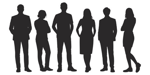 Diverse group of six adult silhouettes standing in a line on white background people adults