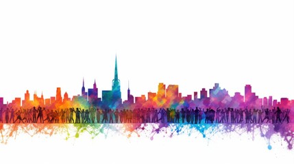 Vibrant city skyline silhouette with colorful, abstract splashes and a diverse crowd of people in front, symbolizing urban life and community spirit.