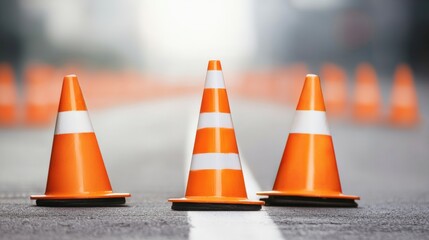 Three orange and white traffic cones placed on a road, indicating construction or caution zone.