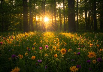 Obraz premium Golden Sunset Shining Through Forest Trees, Flower Meadow, Sunlight, Nature Landscape Background.