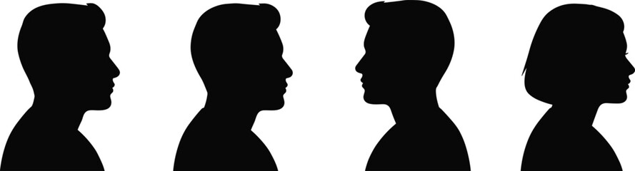 Four distinct male and female head silhouettes in profile view Keywords: silhouette, head, profile