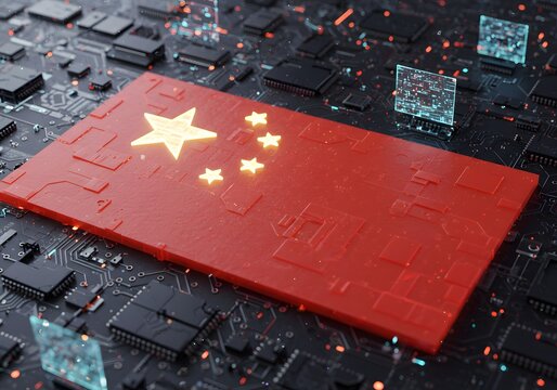 China Flag on Circuit Board Tech, Semiconductor, Computing, Future, AI, Digitalization, Innovation. - Powered by Adobe