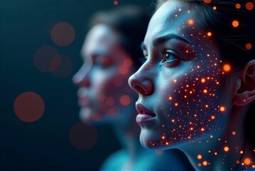 Two women with digital light patterns projected on their faces, symbolizing AI and futuristic technology.
