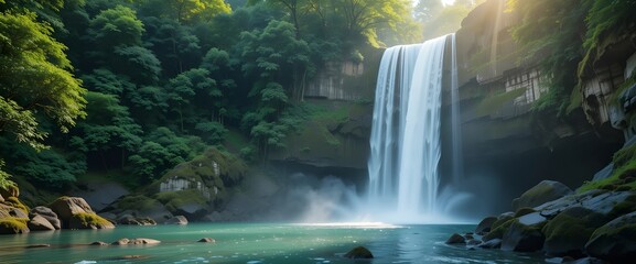 A large waterfall in a lush, green forest. A mystical and calm natural landscape with mossy rocks and clear turquoise water.