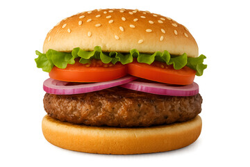 Realistic Hamburger with Tomato and Onion – Juicy Beef Burger Isolated