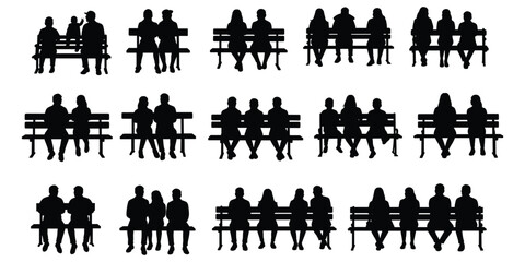 Multiple silhouettes of people sitting on park benches in various group sizes on white background vector