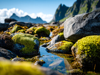 Fototapeta premium Moss-covered rocks and mountain stream in a rugged landscape