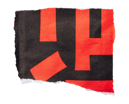 Piece of torn black paper with fragment of red Chinese character isolated element for design