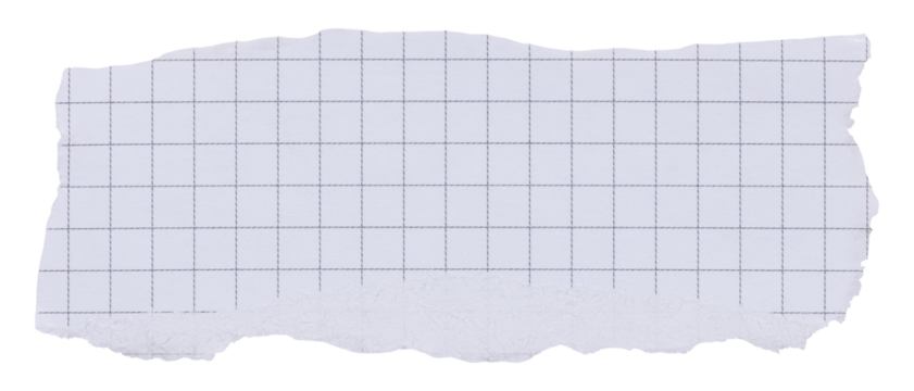 Torn strip of checkered white notebook page with black grid, isolated paper element for collage