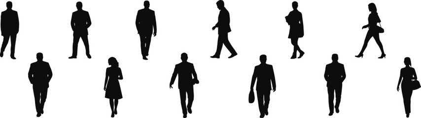 Silhouettes of business people walking and standing on white background Keywords: people, silhouette
