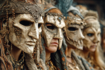 Fototapeta premium Women wearing ceremonial tribal masks and accessories in a cultural event