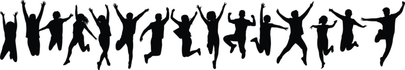 Silhouettes of happy people jumping and celebrating on white background Keywords: silhouette, people