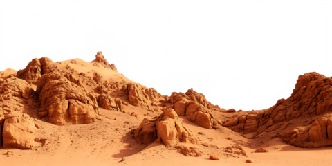 Arid desert landscape with rocky formations and sand isolated on a transparent background