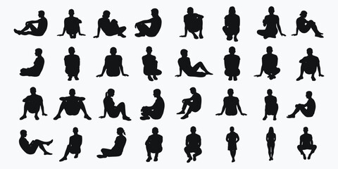 Silhouettes of men and women sitting in various relaxed poses on white background Keywords: silhouette