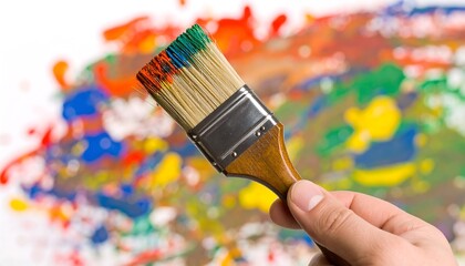 Paintbrush in hand against colorful background