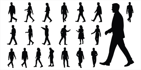 Silhouettes of people walking in different poses and directions on white background Keywords