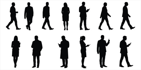 Silhouettes of people walking and using smartphones on white background Keywords: silhouette, people