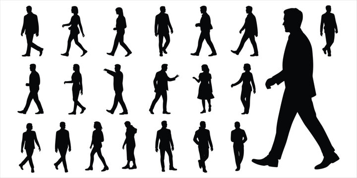 Silhouettes of people walking in different poses and directions on white background Keywords
