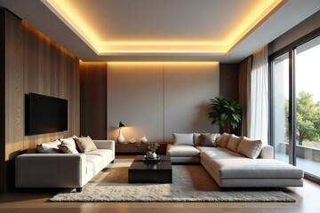 Fototapeta premium Sleek modern ceiling light fixture illuminates a contemporary living room, casting soft, warm light Perfect for minimalist or modern interiors , interior design, illumination, glass