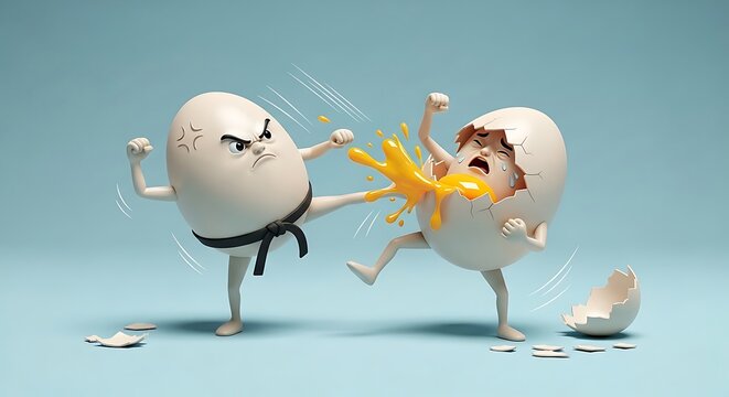 An anthropomorphic egg wearing a karate belt is kicking another egg, causing it to crack open and spill its yolk. The image has a humorous and violent cartoon style