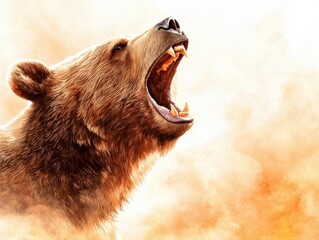 A fierce bear roaring with its mouth wide open, showcasing sharp teeth and a powerful presence against a smoky, warm-toned background.