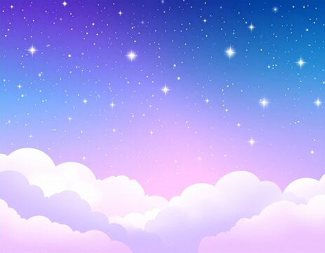 Beautiful fantasy background of a magical twilight sky with a pastel purple and pink gradient, twinkling stars, and soft fluffy clouds