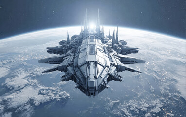 Fototapeta premium Futuristic spaceship floating above Earth in outer space