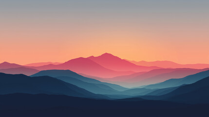 Fototapeta premium Minimalist sunset mountain landscape with layered silhouettes and warm gradient sky