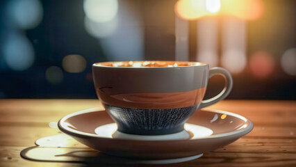 steaming coffee cup on a wooden table in a cafe at night