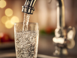 Refreshing glass of water filling under a modern faucet