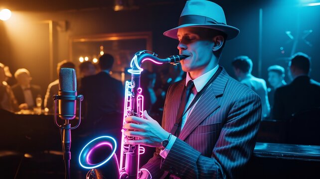 Musician in fedora hat plays saxophone in dimly lit jazz club with neon lights - Powered by Adobe