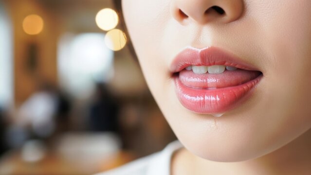 舌で唇を濡らし唾液が垂れる官能的な女性の口元