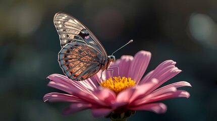 Futuristic butterfly with microchip wings on a flower, butterfly on a pink flower