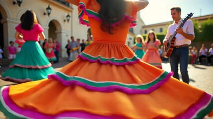 A close-up of a traditional Mexican dress, the embroidery and bright colors catching the sunlight as the wearer dances. Cinco de Mayo. Independence Day. Fiesta and festival vibes. - Powered by Adobe