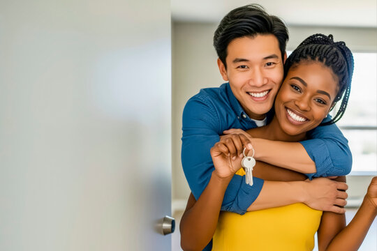 happy multiracial couple holding keys to their new home
