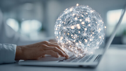 Person typing on laptop with glowing network sphere representing global digital communication and interconnected technology in a modern workspace environment
