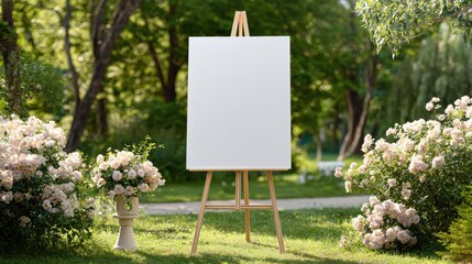 Stunning photo of blank white welcome sign mockup, size is 24 by 36 inches in portrait orientation, on an easel during a wedding party.