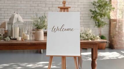 Stunning photo of blank white welcome sign mockup, size is 24 by 36 inches in portrait orientation, on an easel during a wedding party.