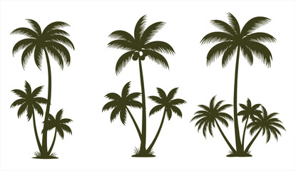 Palm tree silhouette illustration set, tropical beach plants, exotic coconut trees, summer vacation design, isolated black nature elements