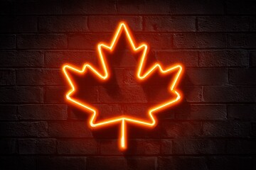 Neon maple leaf sign glowing on dark brick wall.