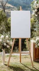 Stunning photo of blank white welcome sign mockup, size is 24 by 36 inches in portrait orientation, on an easel during a wedding party.