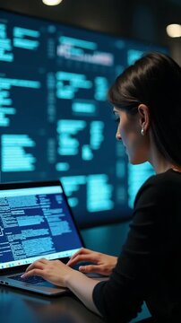 Online documentation database and document management system concept. Businesswoman working on laptop with virtual screen. Process automation to efficiently manage files..