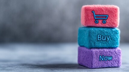 Brightly colored blocks stacked together display call-to-action Buy Now phrase related to online shopping