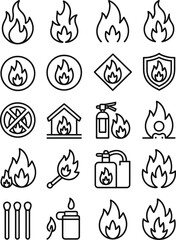 Collection of simple line art icons representing fire safety and danger symbols