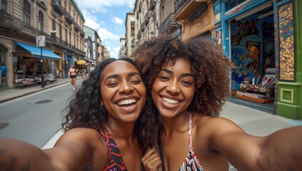 Multicultural friends taking selfie in city street, young couple in venice