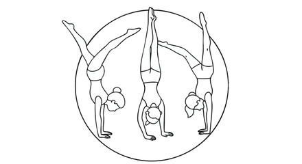 Minimalist line art illustration of three women performing various handstand poses within a circular frame, symbolizing balance and strength