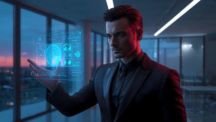 Businessman using a holographic data interface