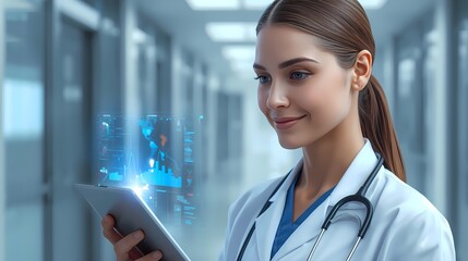 Doctor analyzing digital health data on tablet, young female doctor looking at X-ray