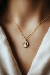 Golden cat pendant necklace on a woman. A delicate and stylish accessory for cat lovers, adds a touch of elegance to any outfit.