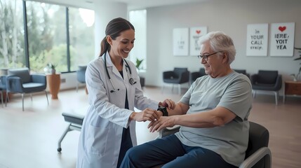 A nurse helping a patient with a health wearable device, a doctor talking to a senior patient